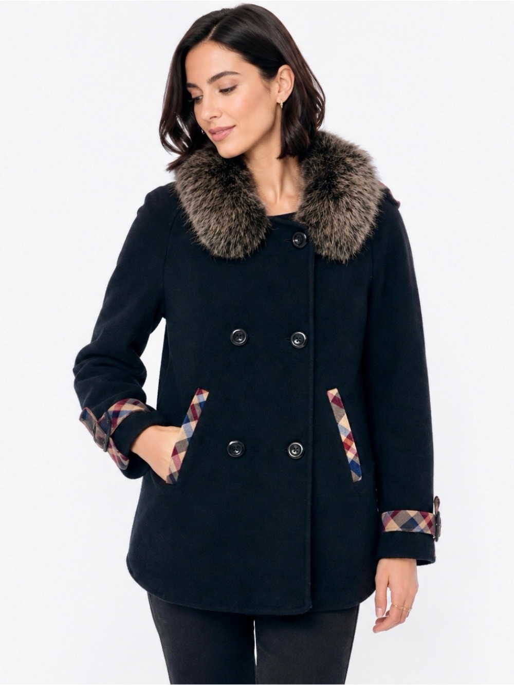 Ke Ke Black Plaid Trim Fux Fur Collar Coat Jacket Size M